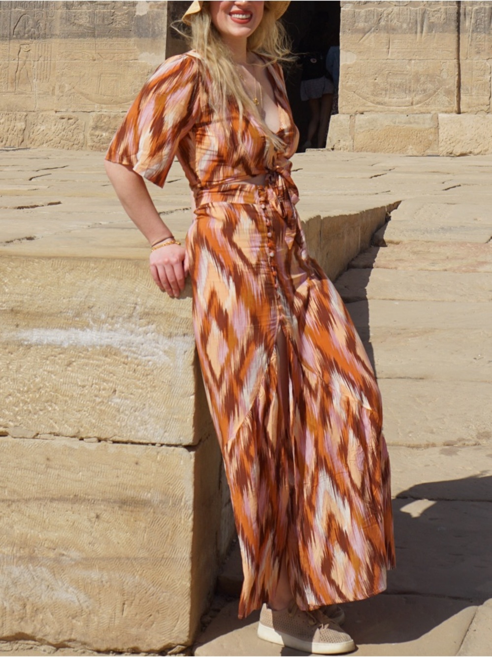 Vici Collection- Two piece tie front set- in Rust Orange and Cream Ikat Print